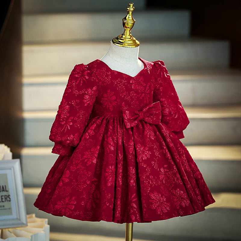 Burgundy Lace A-Line Flower Girl Dress V-Neck Lantern Sleeve