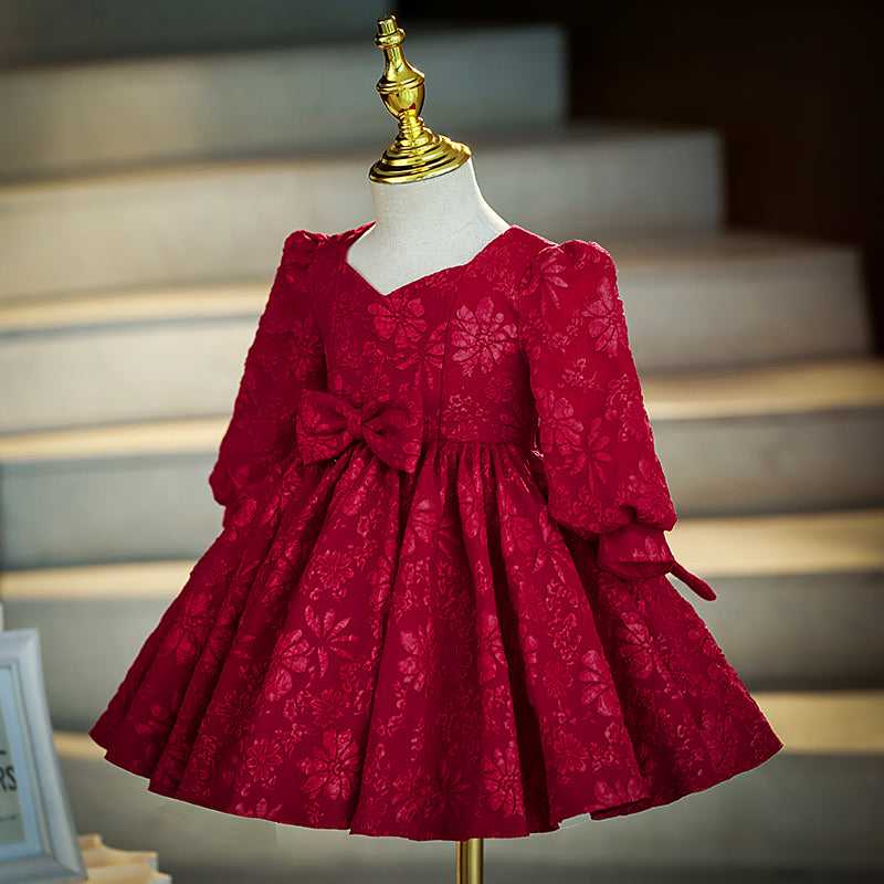 Burgundy Lace A-Line Flower Girl Dress V-Neck Lantern Sleeve