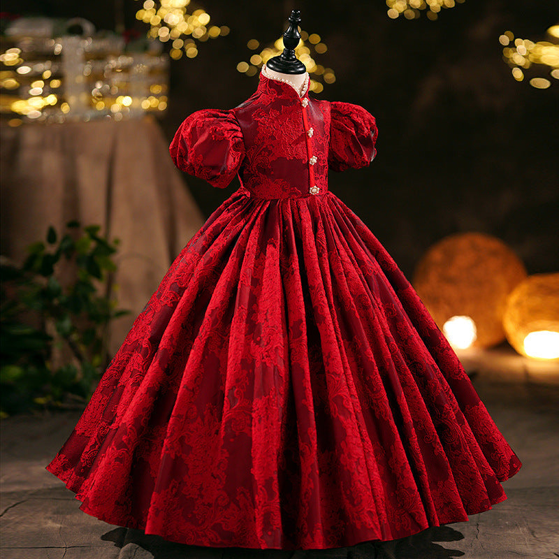Burgundy Lace Princess Flower Girl Dress Mock Neck Puff Sleeve