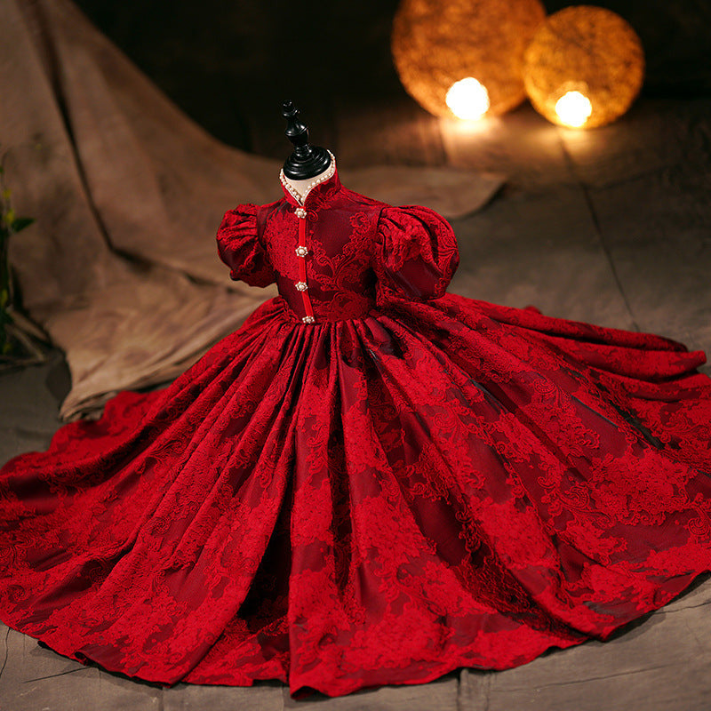 Burgundy Lace Princess Flower Girl Dress Mock Neck Puff Sleeve