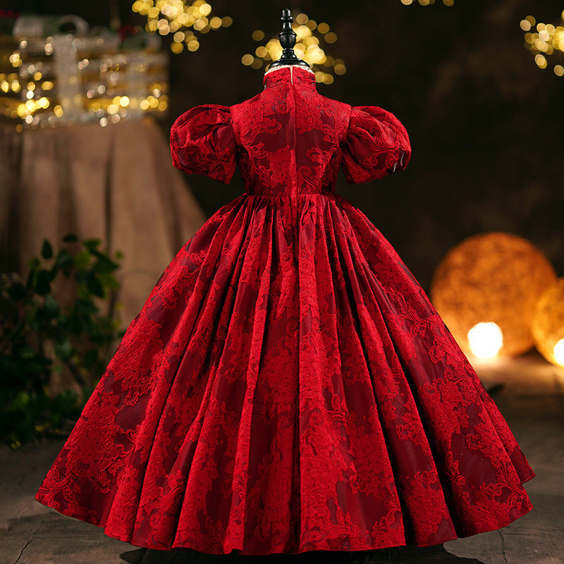 Burgundy Lace Princess Flower Girl Dress Mock Neck Puff Sleeve