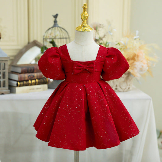 Burgundy Princess Flower Girl Dress Ruffle Pleated Puff Sleeve