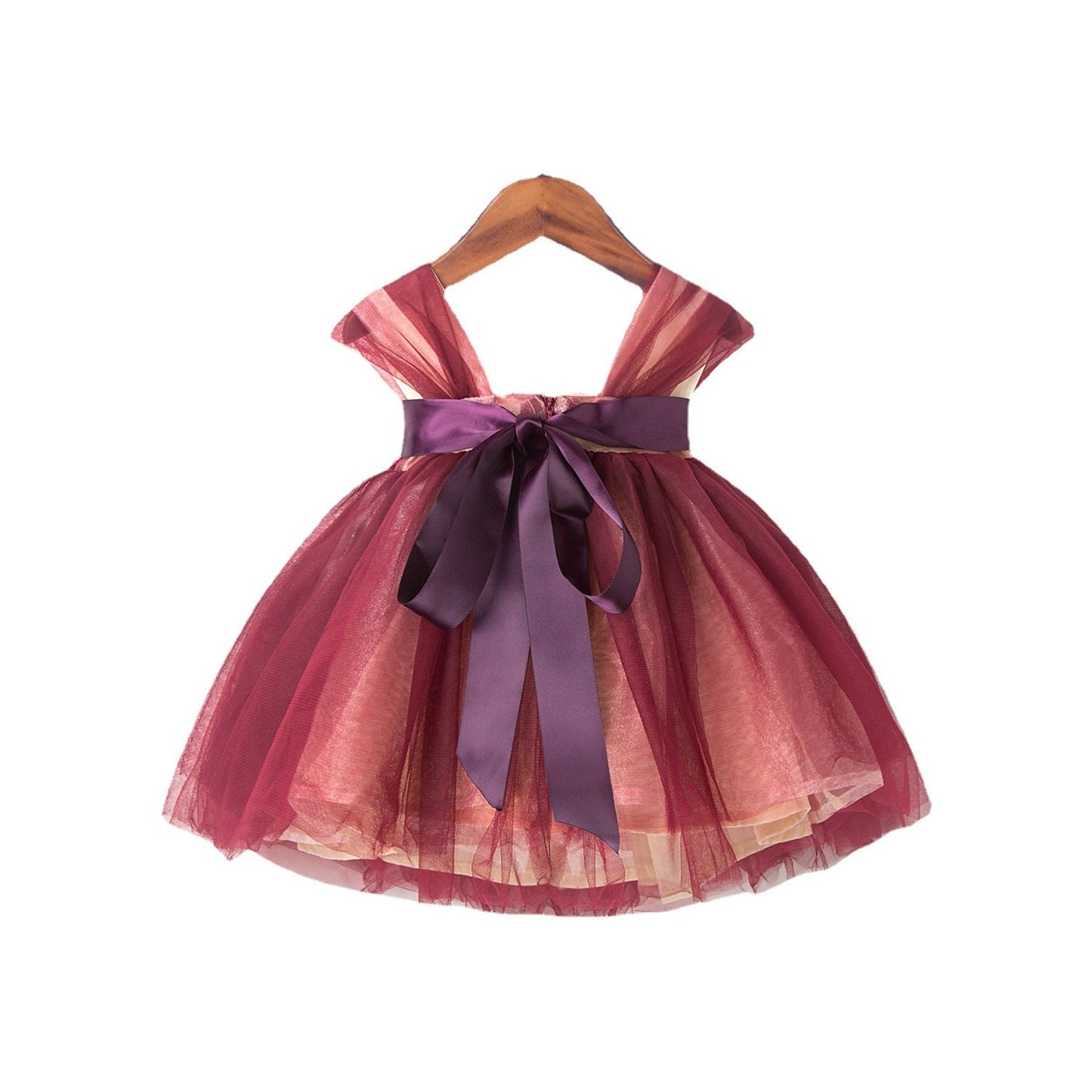 Burgundy Princess Flower Girl Dress with Cascading Ruffles and Flowers