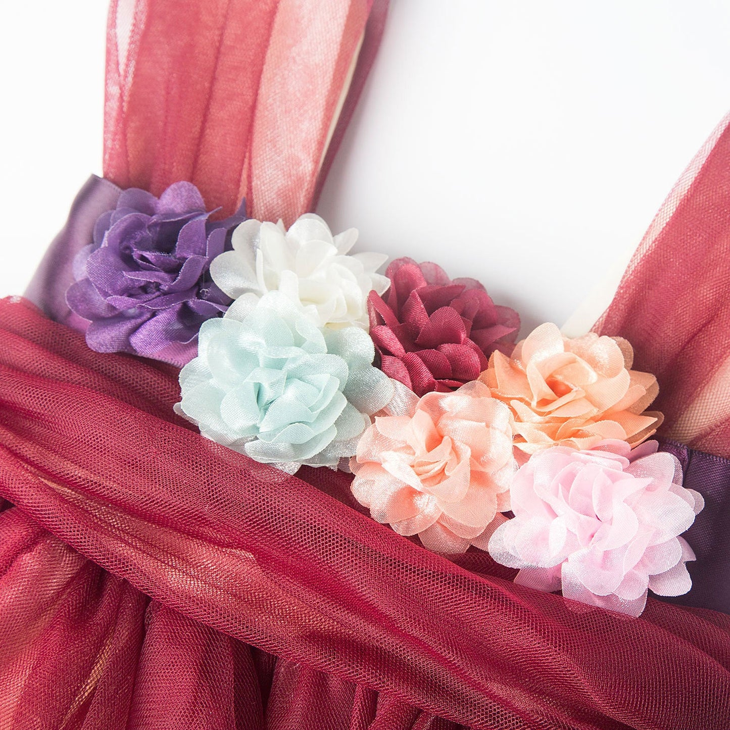 Burgundy Princess Flower Girl Dress with Cascading Ruffles and Flowers
