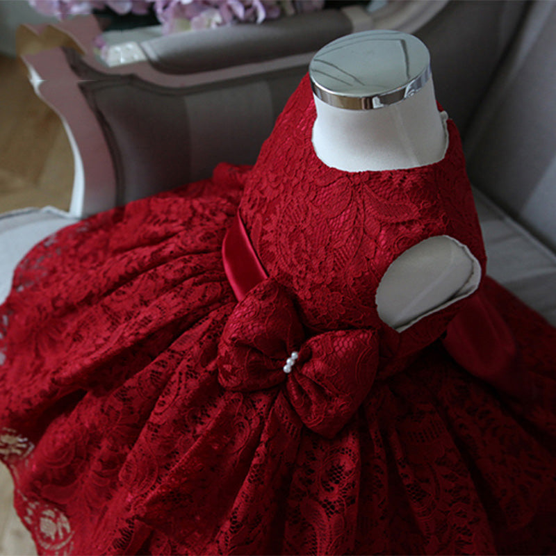Burgundy Princess Lace Flower Girl Dress with Bow Embellishments