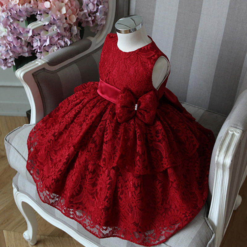 Burgundy Princess Lace Flower Girl Dress with Bow Embellishments