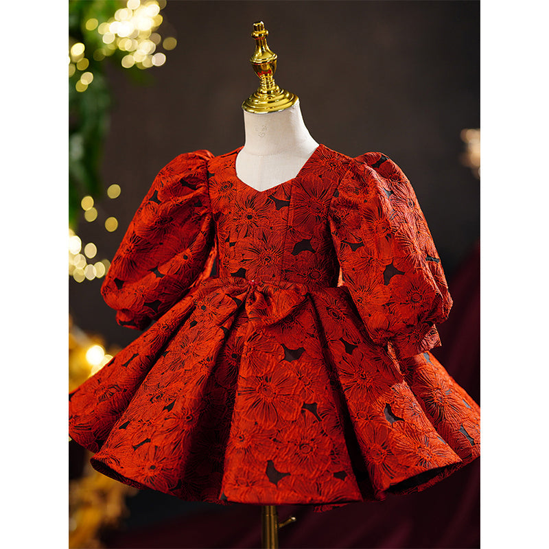 Burgundy Princess Satin Flower Girl Dress V-Neck Bow