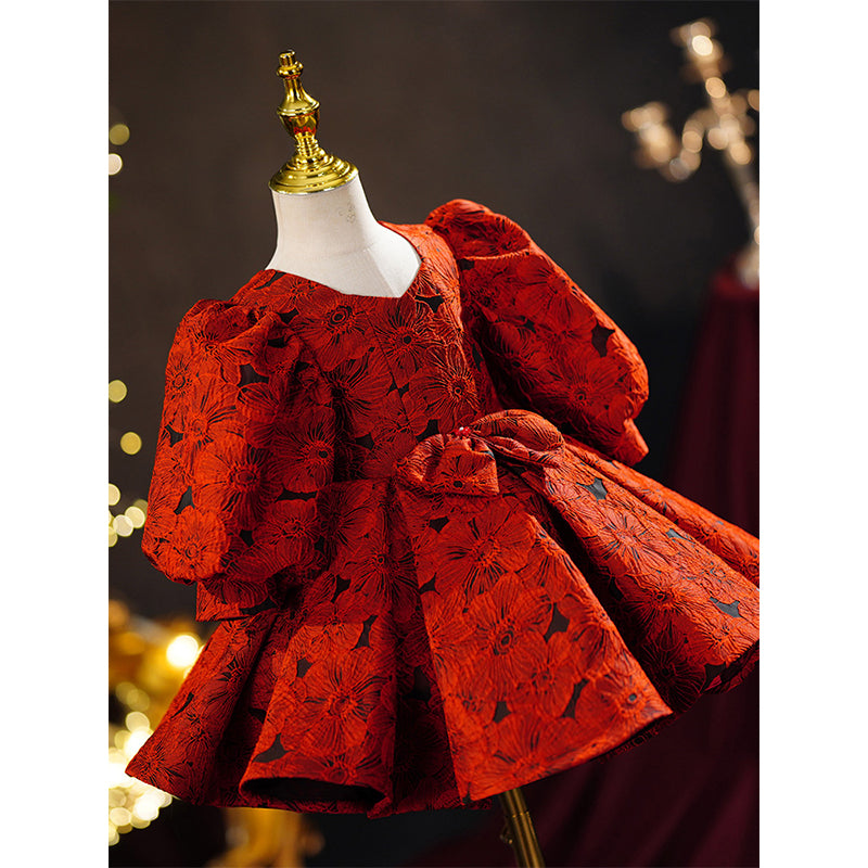 Burgundy Princess Satin Flower Girl Dress V-Neck Bow