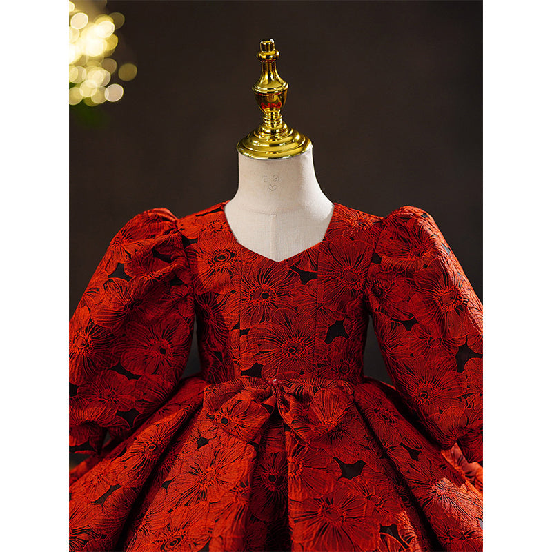 Burgundy Princess Satin Flower Girl Dress V-Neck Bow