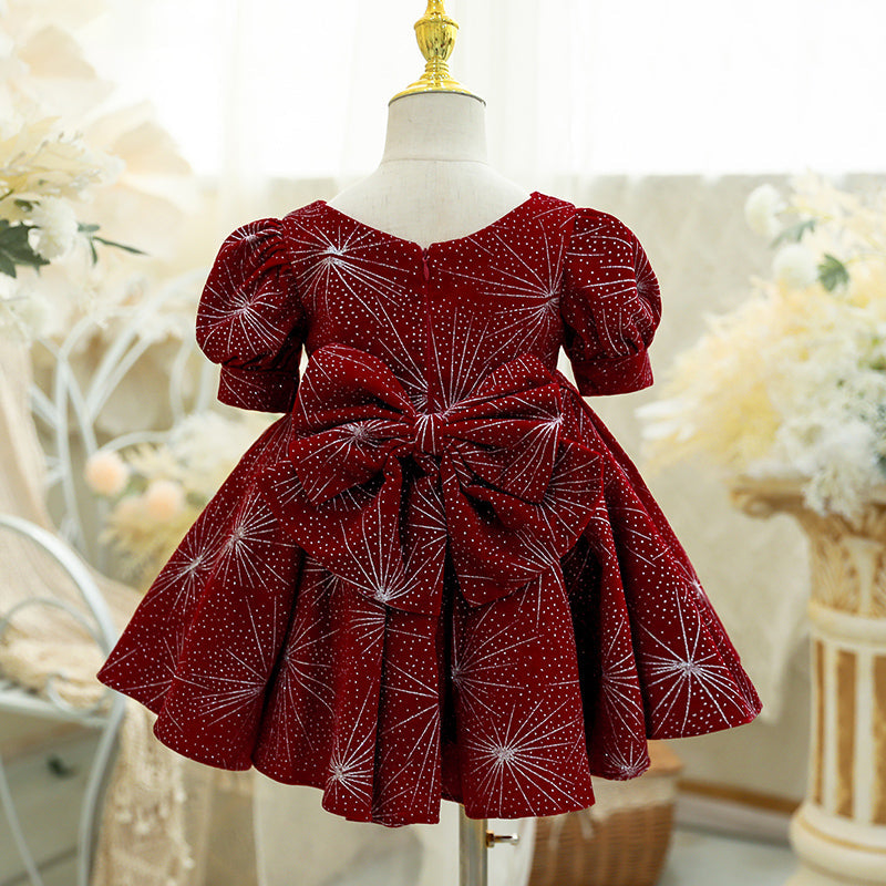 Burgundy Princess Tea-Length Flower Girl Dress with Pleated Detail