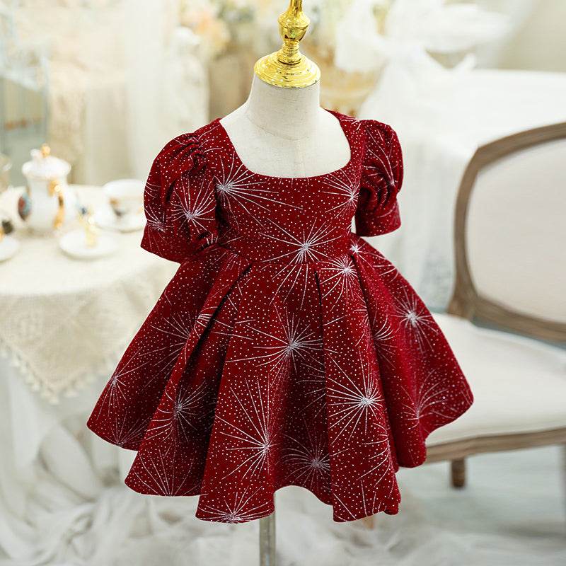 Burgundy Princess Tea-Length Flower Girl Dress with Pleated Detail