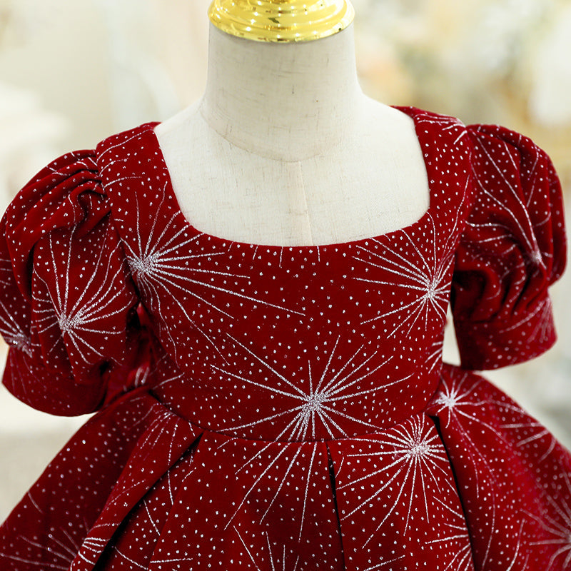Burgundy Princess Tea-Length Flower Girl Dress with Pleated Detail