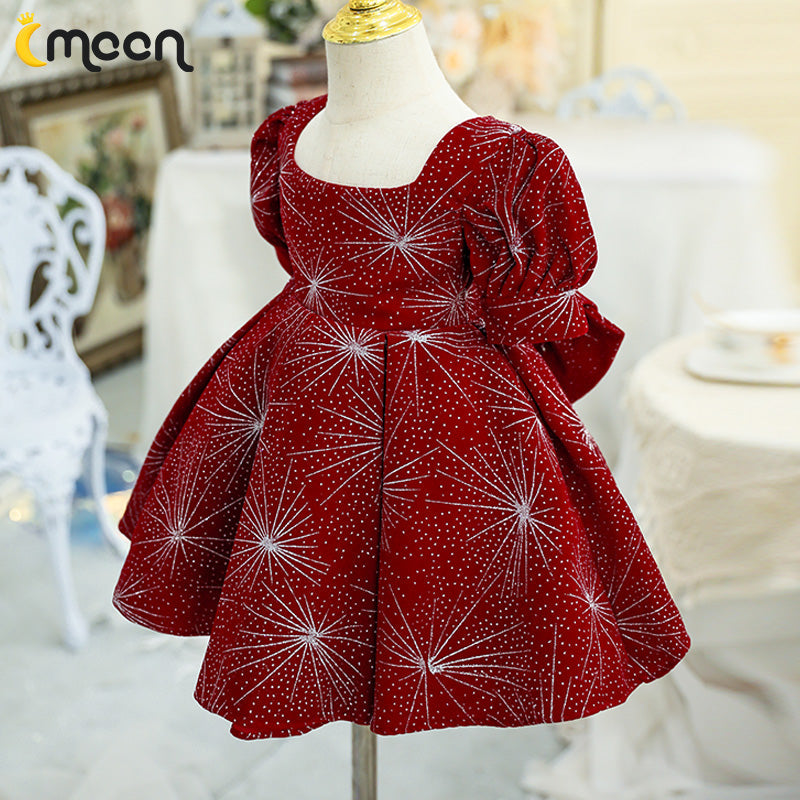 Burgundy Princess Tea-Length Flower Girl Dress with Pleated Detail