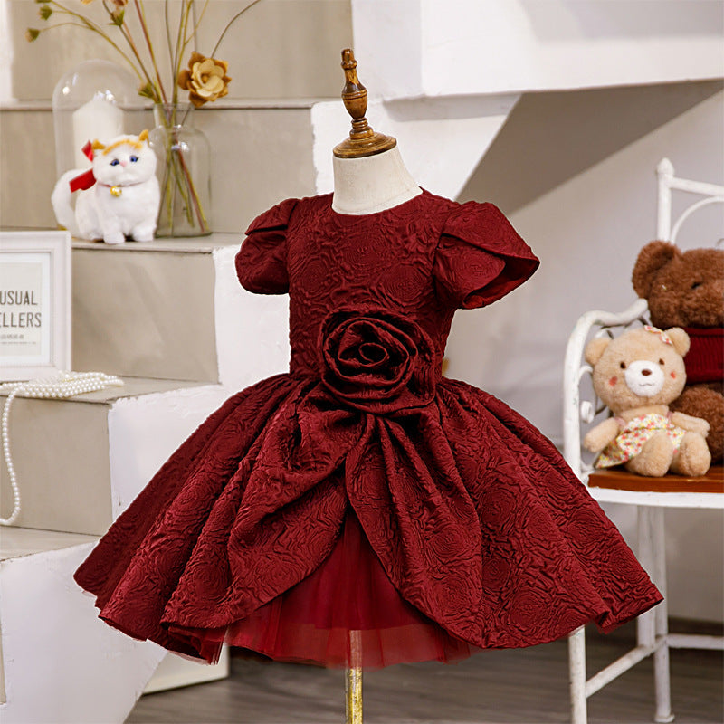 Burgundy Satin Princess Flower Girl Dress Flower Puff Sleeve