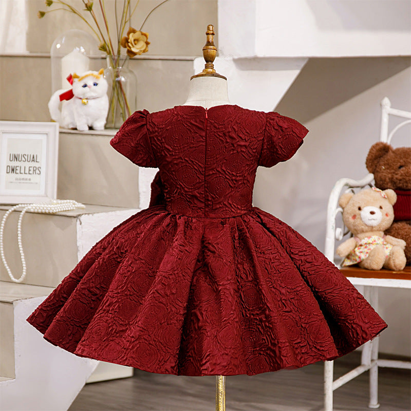 Burgundy Satin Princess Flower Girl Dress Flower Puff Sleeve