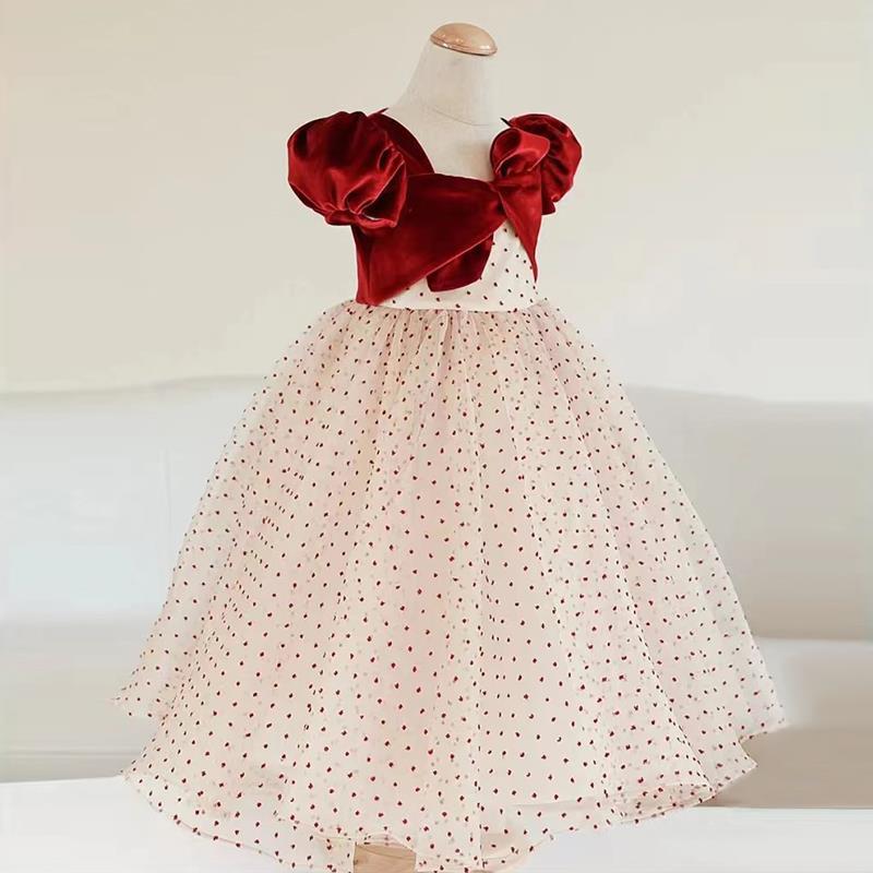 Burgundy Satin Tulle A-Line Flower Girl Dress Puff Sleeve