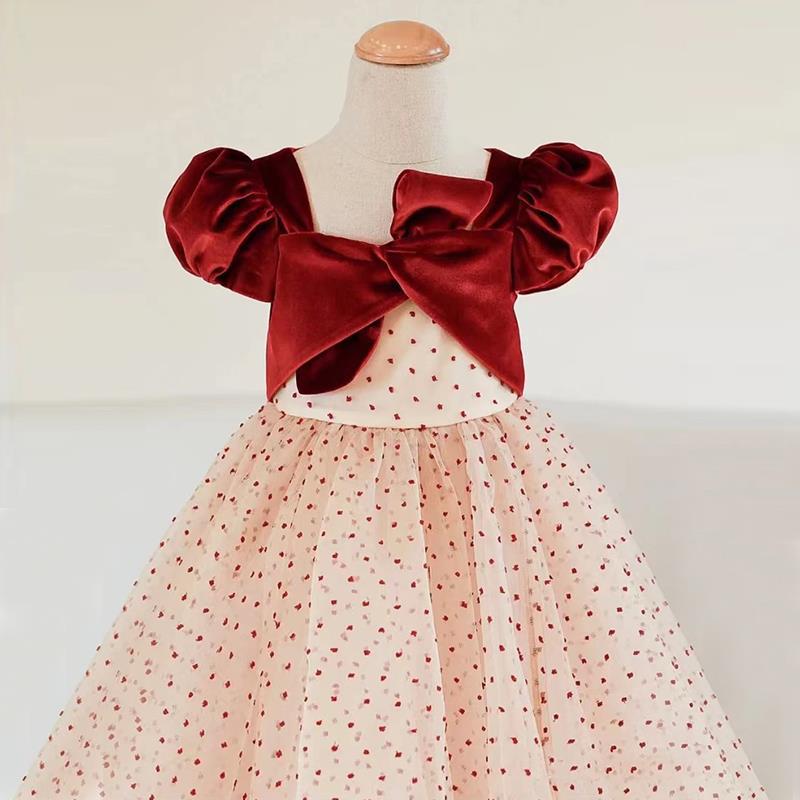 Burgundy Satin Tulle A-Line Flower Girl Dress Puff Sleeve