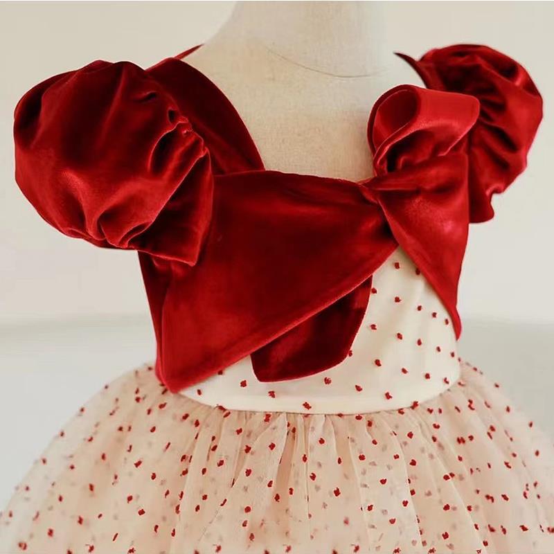 Burgundy Satin Tulle A-Line Flower Girl Dress Puff Sleeve