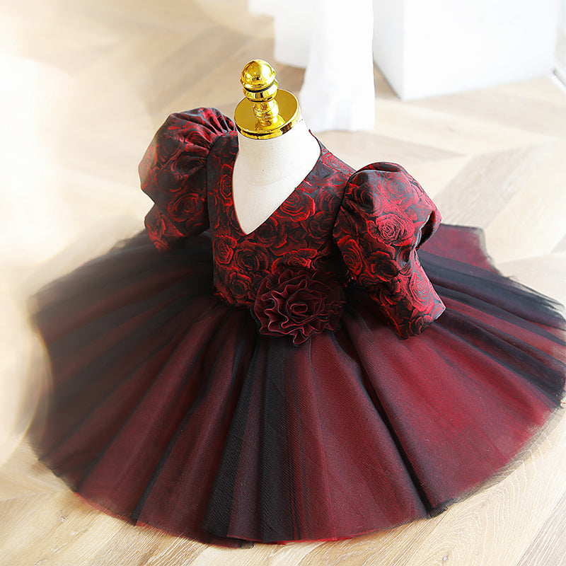 Burgundy Satin Tulle Princess Flower Girl Dress Puff Sleeve