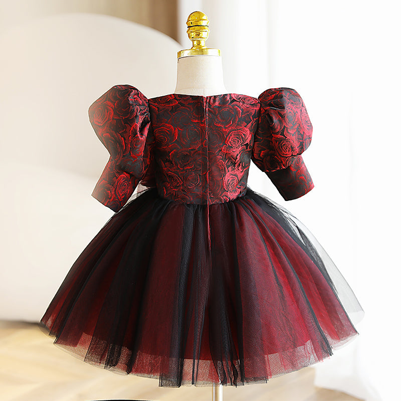 Burgundy Satin Tulle Princess Flower Girl Dress Puff Sleeve