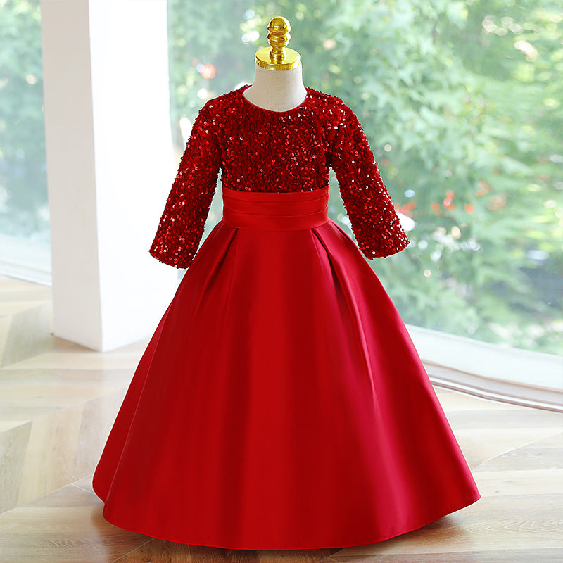 Burgundy Sequin Flower Girl Dress A-Line Long Sleeve Mia Princess Burgundy Sequin Flower Girl Dress A-Line Long Sleeve Mia Princess