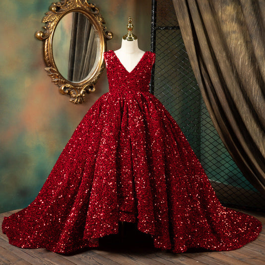 Burgundy Sequin Flower Girl Dress: V-Neck Sleeveless