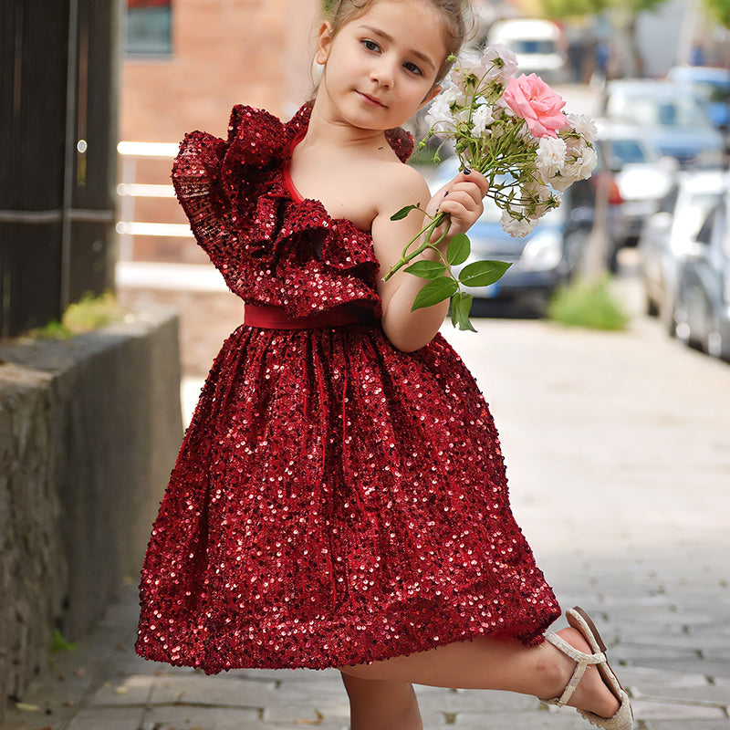 Burgundy One Shoulder Sequin A-Line Party Dress for Girls | Holiday Pageant Outfit