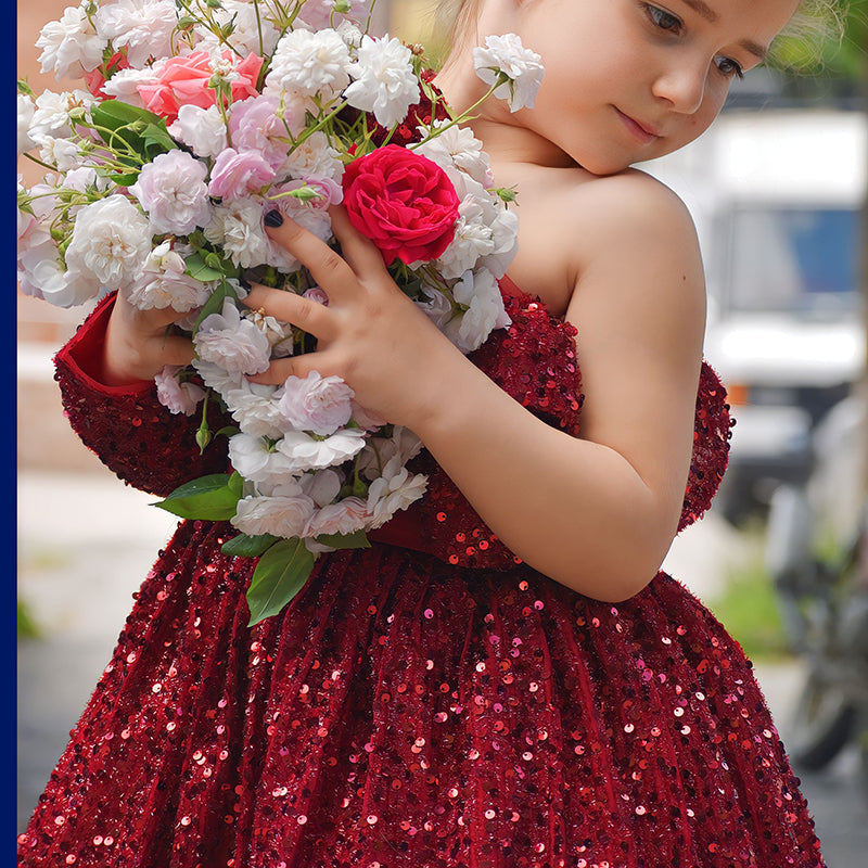 Burgundy One Shoulder Sequin A-Line Party Dress for Girls | Holiday Pageant Outfit