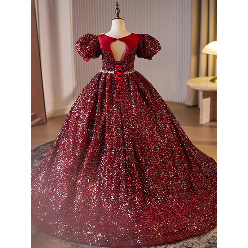 Burgundy Floor Length Sequin Princess Dress for Girls – Short Sleeve Party Gown