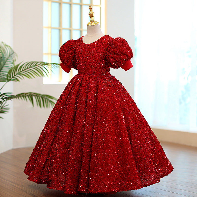 Burgundy Sequined A-Line Flower Girl Dress with Puff Sleeves