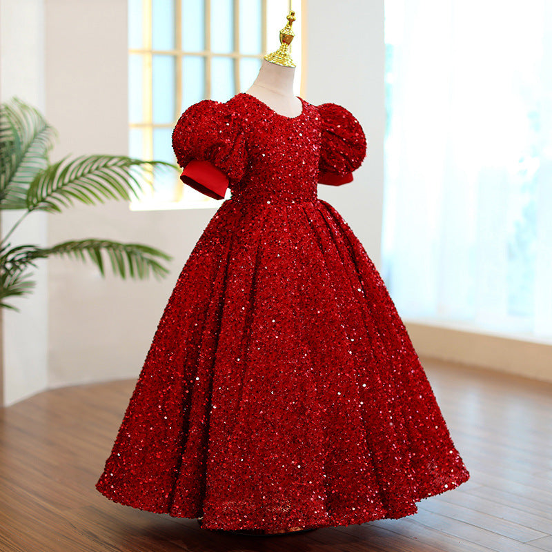 Burgundy Sequined A-Line Flower Girl Dress with Puff Sleeves
