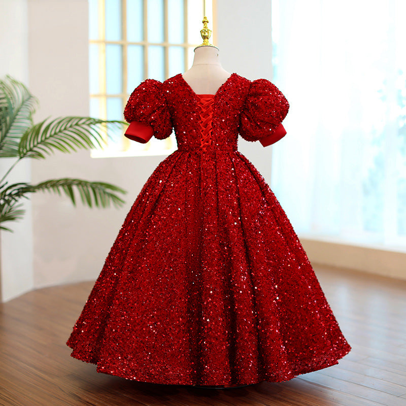 Burgundy Sequined A-Line Flower Girl Dress with Puff Sleeves