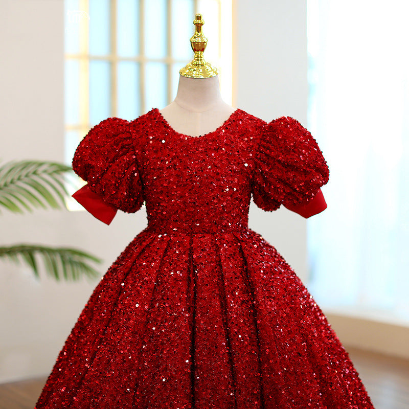 Burgundy Sequined A-Line Flower Girl Dress with Puff Sleeves