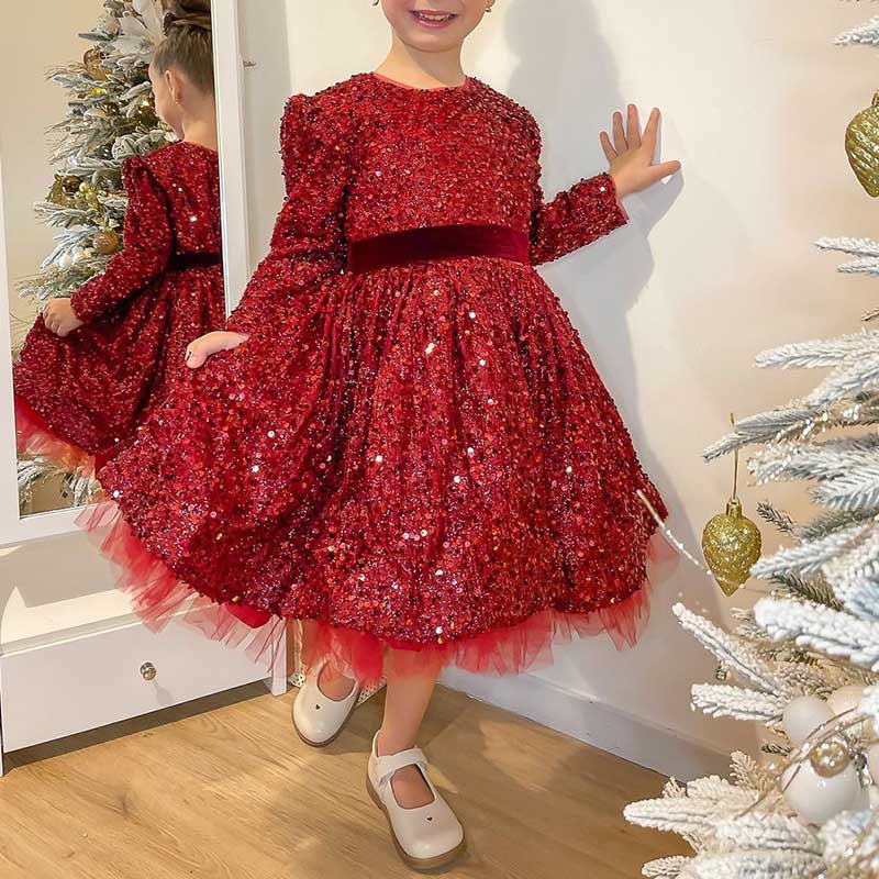 Burgundy Sequined Princess Flower Girl Dress Long Sleeve Burgundy Sequined Princess Flower Girl Dress Long Sleeve