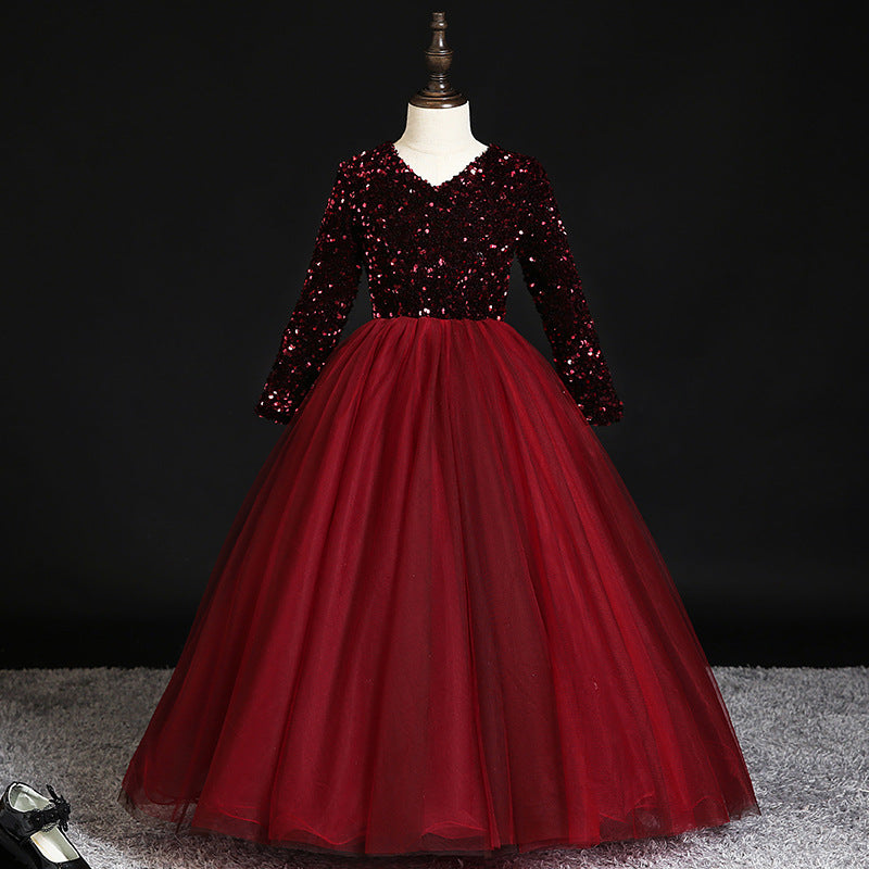 Burgundy Sequined Tulle Dress A-Line Floor Length Sleeve Mia Princess Burgundy Sequined Tulle Dress A-Line Floor Length Sleeve Mia Princess