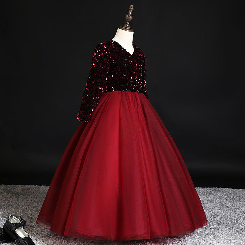 Burgundy Sequined Tulle A-Line Flower Girl Dress Long Sleeve