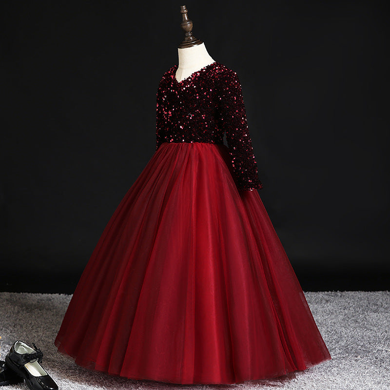 Burgundy Sequined Tulle A-Line Flower Girl Dress Long Sleeve