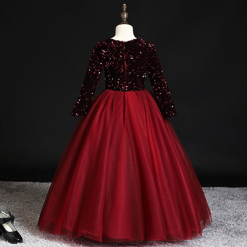 Burgundy Sequined Tulle A-Line Flower Girl Dress Long Sleeve