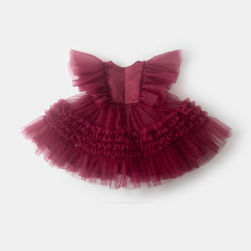 Burgundy Tulle A-Line Flower Girl Dress Bow Bell Sleeves