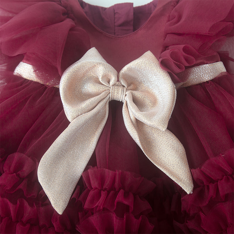Burgundy Tulle A-Line Flower Girl Dress Bow Bell Sleeves