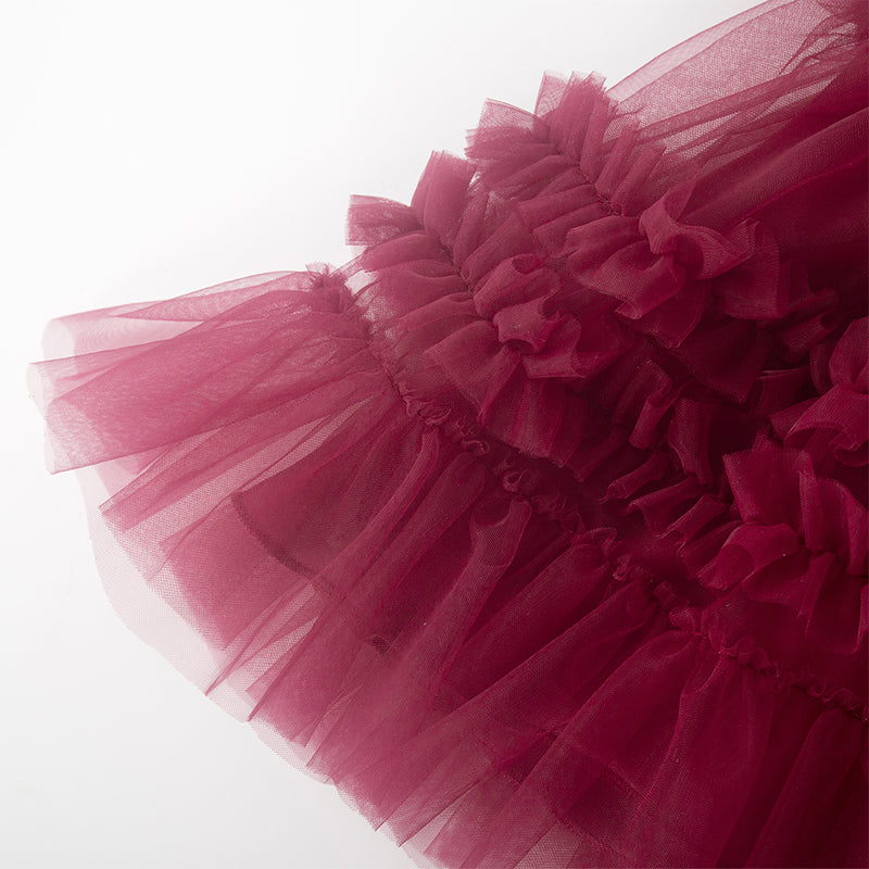 Burgundy Tulle A-Line Flower Girl Dress Bow Bell Sleeves