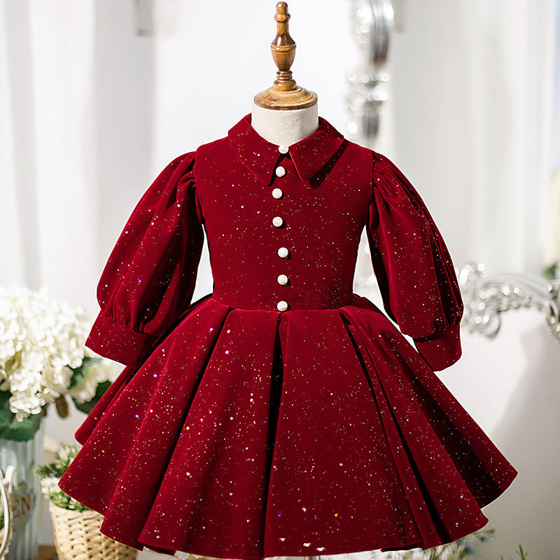 Burgundy Velvet A-Line Dress Tea Length Collared Sleeve Mia Princess Burgundy Velvet A-Line Dress Tea Length Collared Sleeve Mia Princess