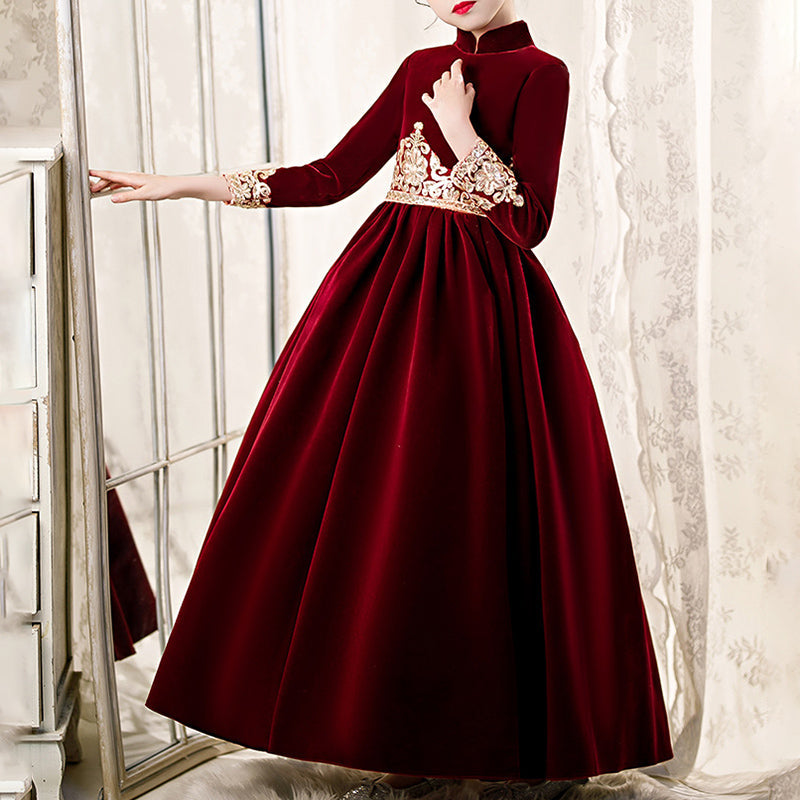 Burgundy Velvet A-Line Flower Girl Dress Lace Pleated