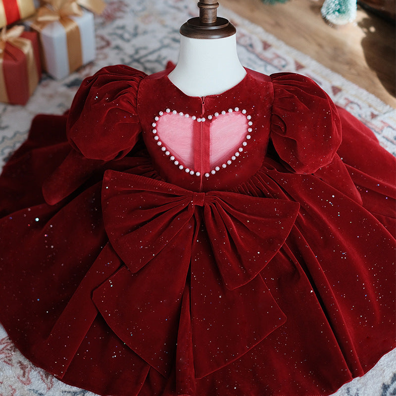 Burgundy Velvet A-Line Flower Girl Dress - Puff Long Sleeves Burgundy Velvet A-Line Flower Girl Dress - Puff Long Sleeves