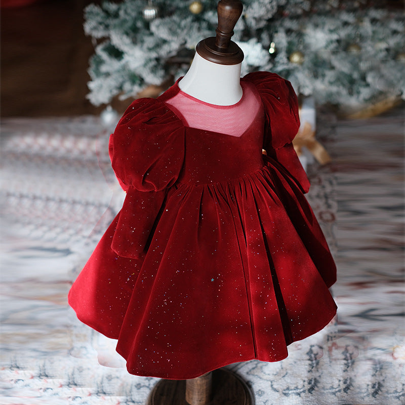Burgundy Velvet A-Line Flower Girl Dress - Puff Long Sleeves