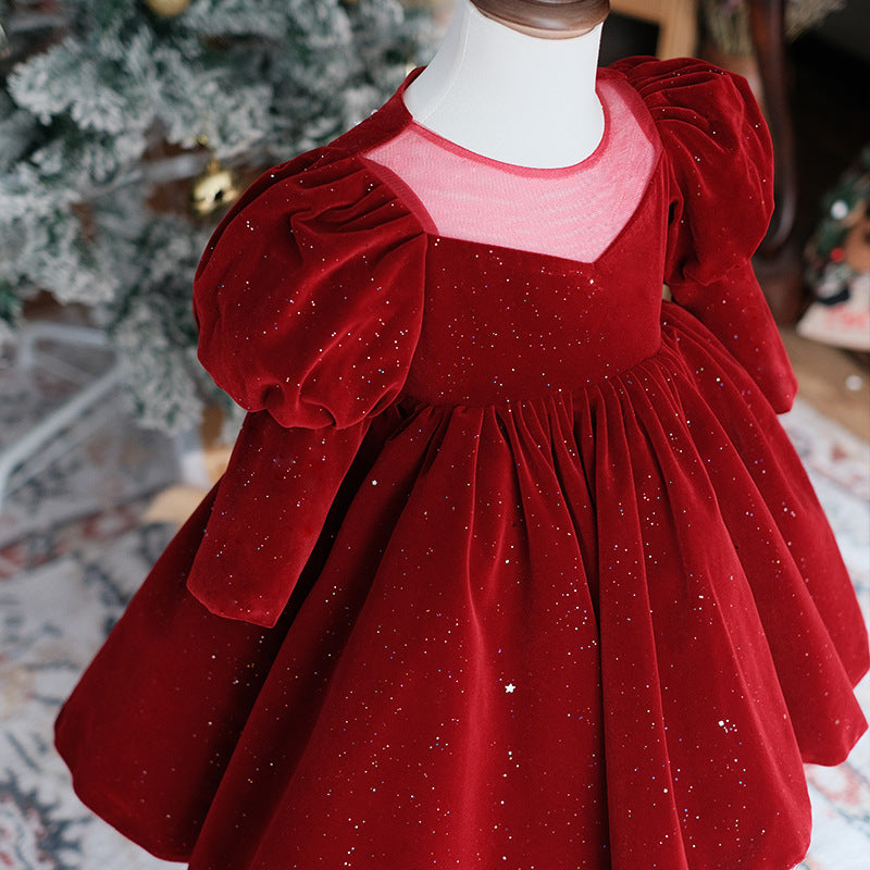 Burgundy Velvet A-Line Flower Girl Dress - Puff Long Sleeves