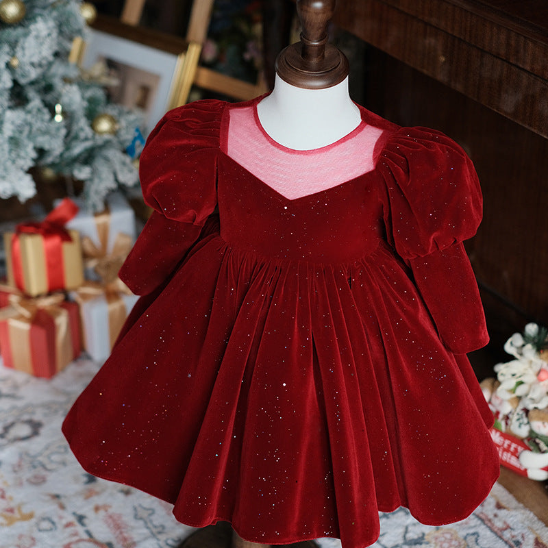 Burgundy Velvet A-Line Flower Girl Dress - Puff Long Sleeves