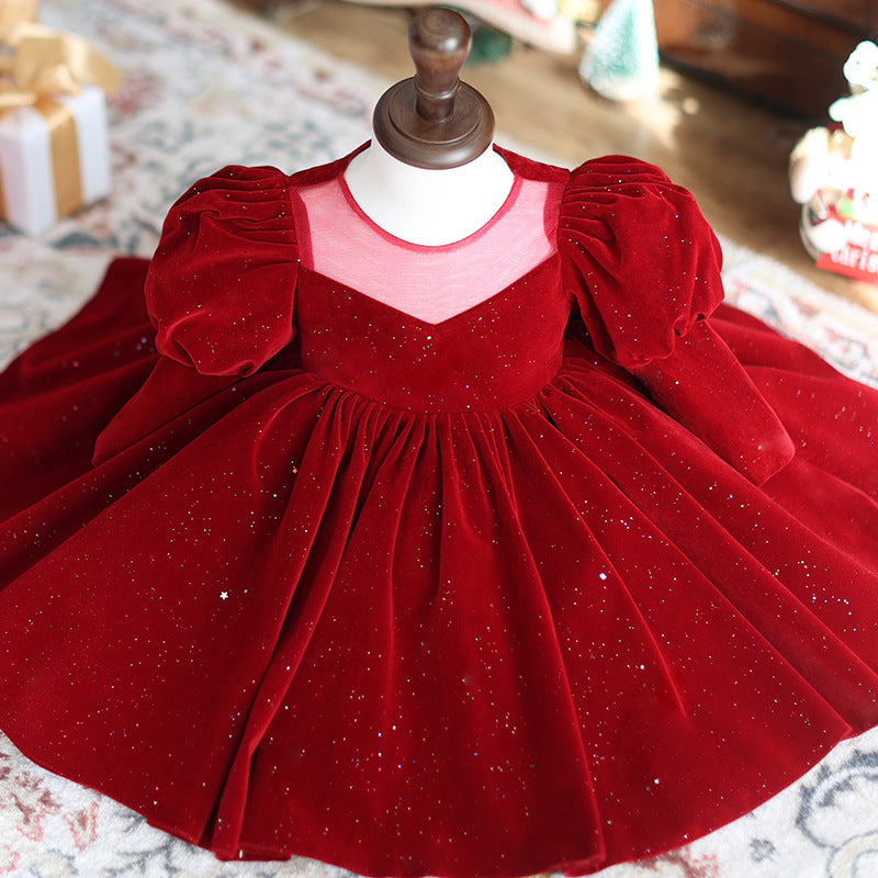 Burgundy Velvet A-Line Flower Girl Dress - Puff Long Sleeves