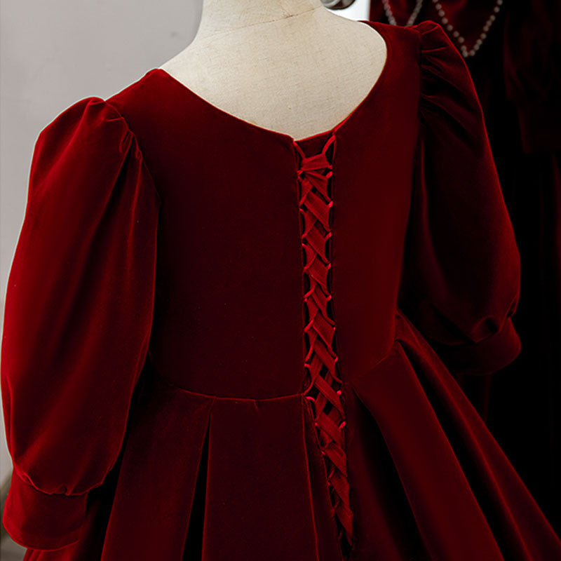 Burgundy Velvet Flower Girl Dress | Beaded Bow Sleeves