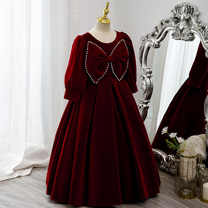 Burgundy Velvet Flower Girl Dress | Beaded Bow Sleeves
